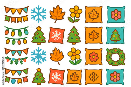 Colorful seasonal decorations featuring autumn leaves, flowers, snowflakes, and holiday motifs in a festive arrangement