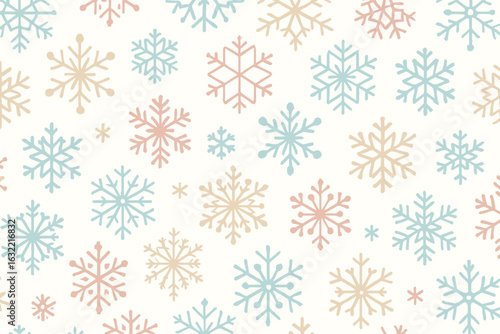 Colorful snowflakes in pastel shades on a light background create a winter wonderland pattern suitable for various decorative purposes