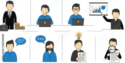 Illustration of diverse business professionals in various roles and responsibilities in the workplace