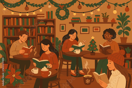 Cozy winter gathering in a festive cafe with people reading books and enjoying drinks