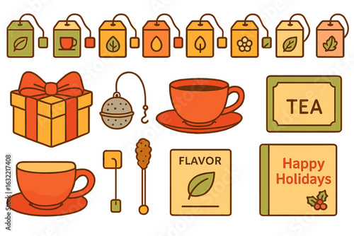 Colorful tea-themed illustration featuring teabags, cups, and holiday decorations during festive celebrations