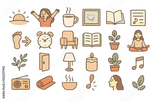 Creative icons depicting elements of a peaceful morning routine with nature and relaxation themes