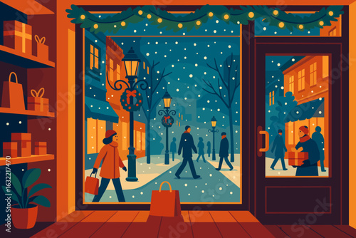 Winter evening shopping stroll in a festive neighborhood with snow falling and holiday decorations