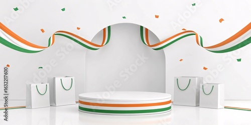 Celebrate Indian Independence Day with Exclusive Offers and Discounts on Our August Sale Banner Featuring Festive Shopping Bags and a Special Podium Decorated with Tricolor Ribbons