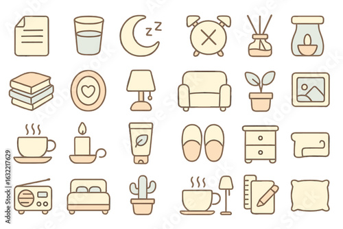 Illustrative collection of cozy home icons featuring relaxation themes and daily comfort items suitable for a serene living space