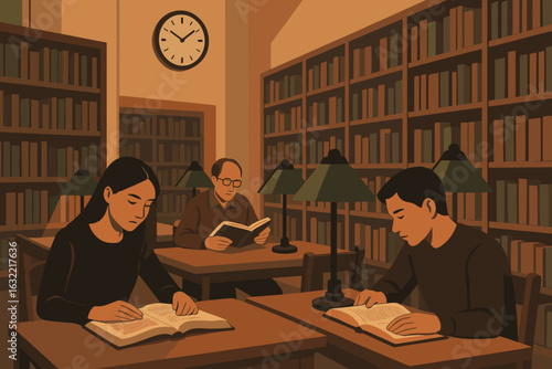 Students engage in quiet study at a library filled with books during the afternoon hours