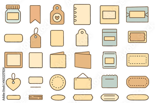 Crafting tools and labels arranged in a creative layout showcasing various shapes and sizes suitable for DIY projects