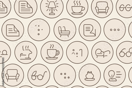 Creative patterns of minimalistic furniture and coffee icons arranged in circles on a light background