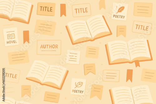 Creative design featuring open books and literary elements set against a soft beige background, perfect for writers and book lovers