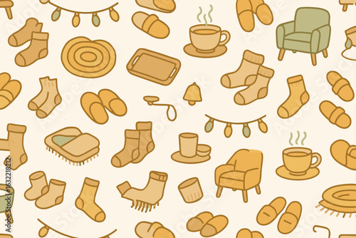 Cozy home elements featuring socks, mugs, and chairs arranged in a playful pattern for comfort and warmth