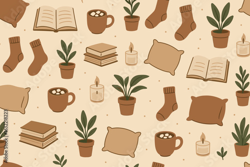 Cozy indoor pattern featuring books, plants, mugs, and soft textiles designed for a warm and inviting atmosphere
