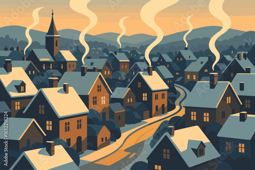 Charming village in twilight with smoke rising from cozy homes under a dusk sky