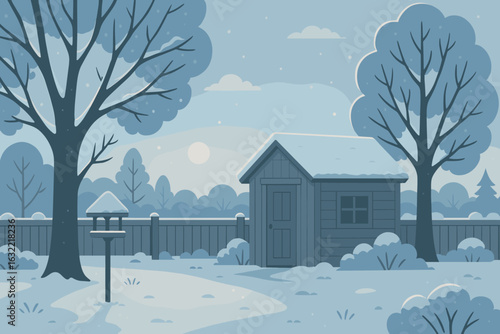 Snowy winter landscape with a small cabin and trees under a clear sky at dawn