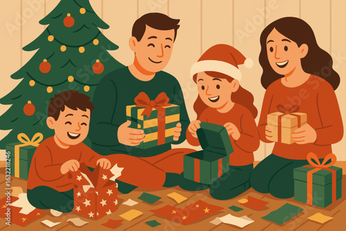 Family enjoying gift opening and celebration during Christmas at home in a cozy living room setting