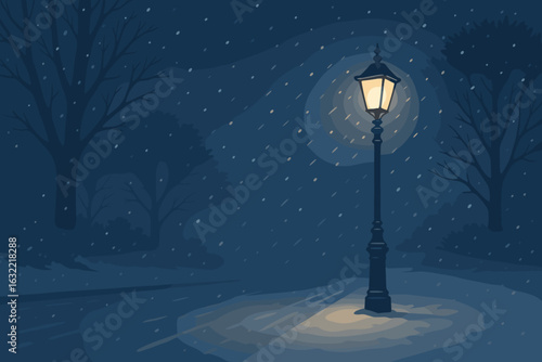 Lamp post illuminating a snowy street at night in a quiet winter wonderland