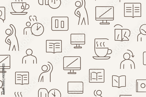 Patterns of daily life: digital work, reading, and moments of pause illustrated in simple line art