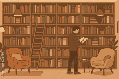 Reading in a cozy library with bookshelves filled with a variety of titles and comfortable seating options
