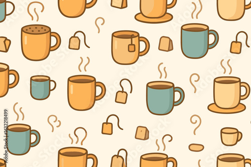 Colorful pattern featuring various coffee cups and tea bags on a light background, perfect for a cozy decor aesthetic