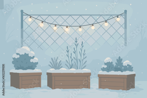 Winter garden with snow-covered planters and string lights in a serene setting during a snowy evening