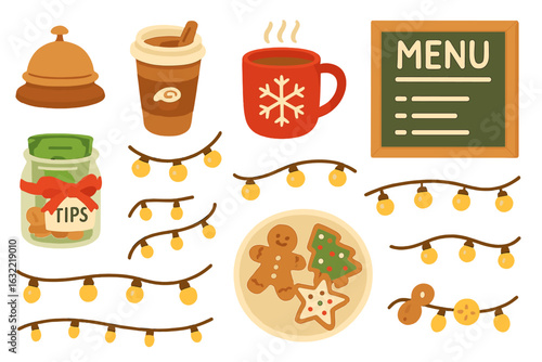 Decorative holiday cafe elements featuring drinks, cookies, and festive decor in a cozy atmosphere