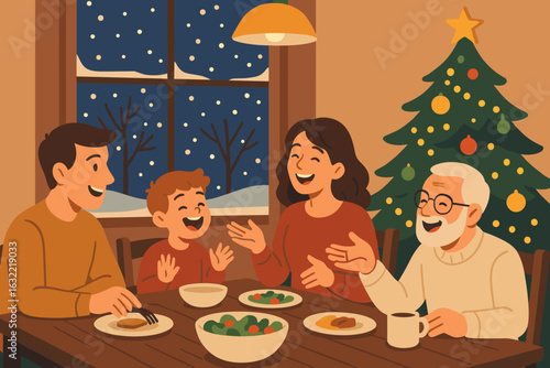 Family gathering at home during winter holiday celebration with joyful conversations and delicious food