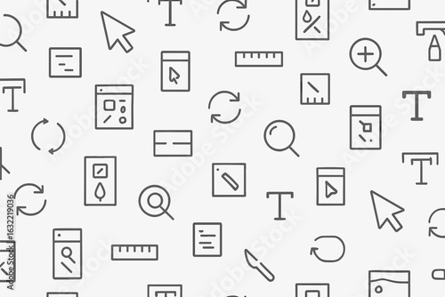 Icons of digital design tools scattered on a light background for creative projects and user interface development