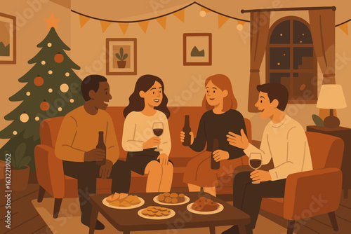 Friends celebrate in a cozy living room during a festive gathering by the Christmas tree with snacks and drinks