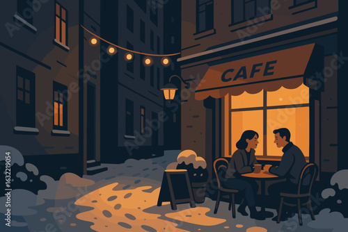 Couples enjoy evening coffee at a cozy cafe in a snowy alley during winter