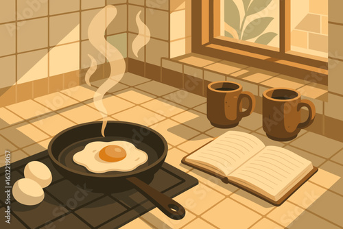 Sunny side up breakfast in a cozy kitchen with warm sunlight streaming through the window