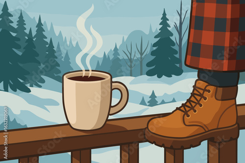 Enjoying a warm drink in a winter landscape while standing by a rustic railing