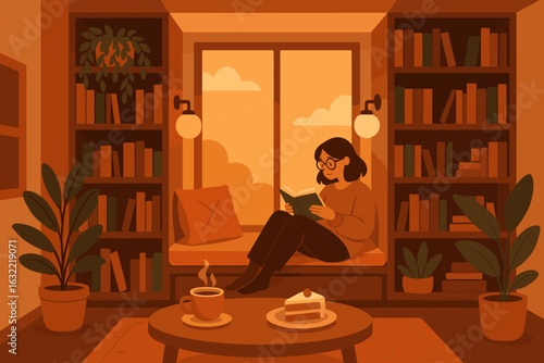 Relaxing afternoon in a cozy reading nook with a book, coffee, and dessert near a window