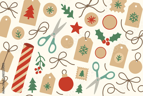 Festive crafting materials spread across a flat surface ready for holiday preparation in early December
