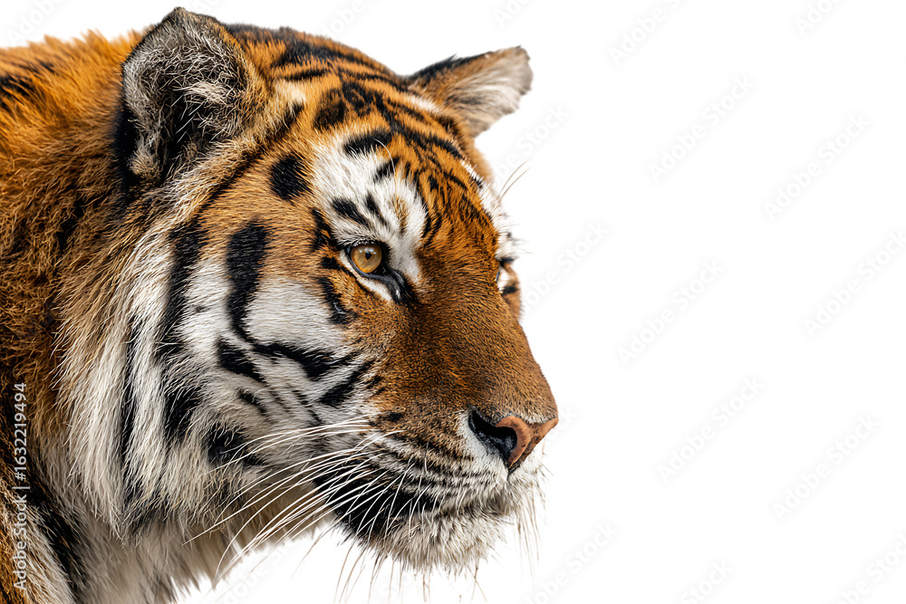 Obraz premium Close up of a majestic tiger against a black background.