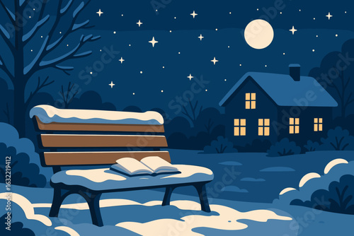 Snow-covered bench with an open book under a moonlit night sky in a tranquil winter setting