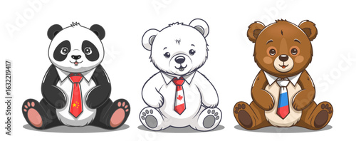 Vector cute cartoon smiling sitting soft toys. Toon cuddly panda bamboo, polar white and brown little bears cub. Ties in colors of flags of China, Canada and Russia. Baby teddy bear doll collection