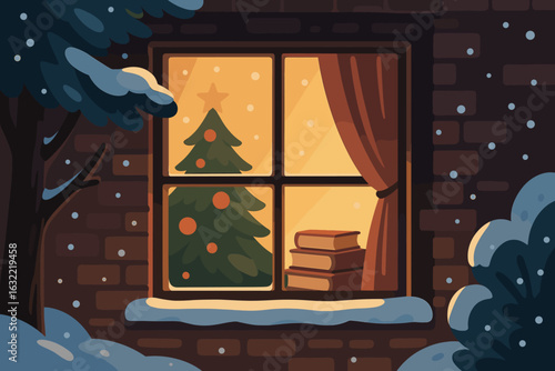 Cozy winter evening scene with decorated Christmas tree in a warmly lit window