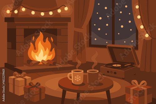 Cozy winter evening by the fireplace with warm drinks and holiday decorations
