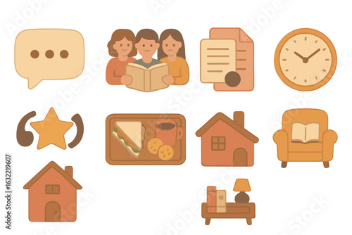Illustrations of cozy activities and community interactions for an engaging life experience