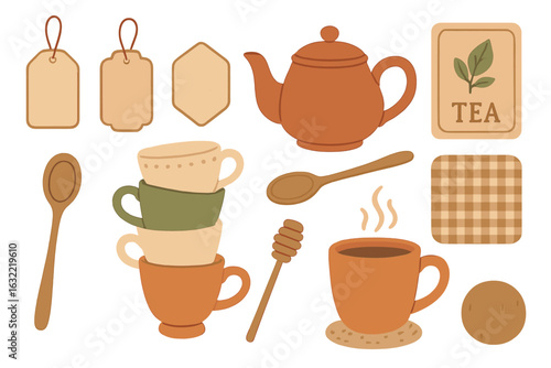 Warm tea elements arranged with cups, teapot, and honey on a rustic background for a cozy afternoon setting