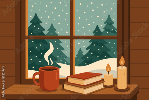 Cozy winter setting with steaming coffee, books, and candles by the window