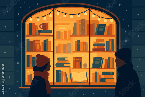 Couple admires cozy bookshop window display during winter evening with glowing lights and snowflakes falling