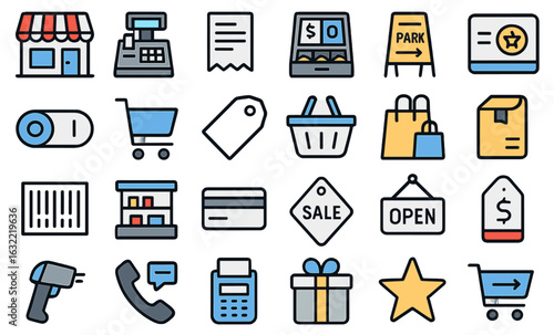 Variety of retail icons representing shopping activities and transactions in a modern marketplace setting