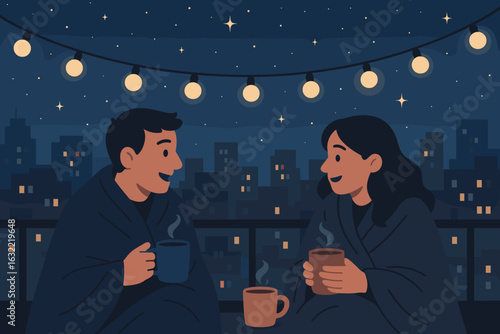 Couple enjoys cozy evening on balcony while sipping hot beverages under starry night sky