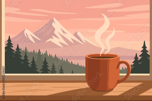 Warm cup of coffee near window with mountain view at sunrise admired in serene nature setting
