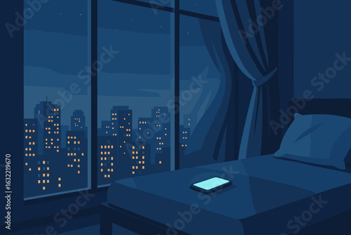 City skyline view from a bedroom window at night with a smartphone on the bed