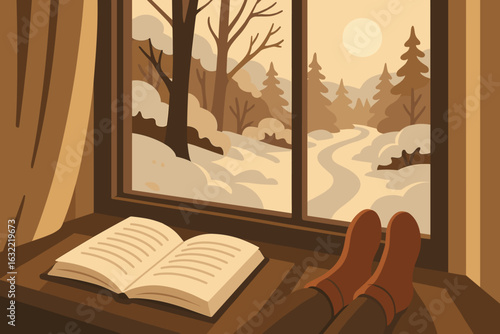 Cozy winter afternoon by the window with a book and snowy landscape outside