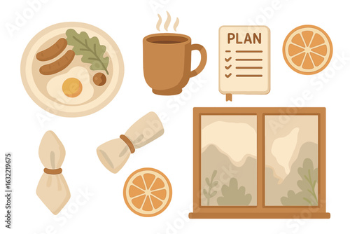 Breakfast table setting with sausage, egg, coffee, and a planner beside a window during morning light