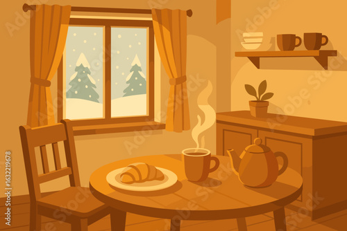 Cozy winter morning with warm beverages and baked goods in a comfort home setting