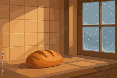 Freshly baked bread resting on a kitchen counter with snow falling outside the window