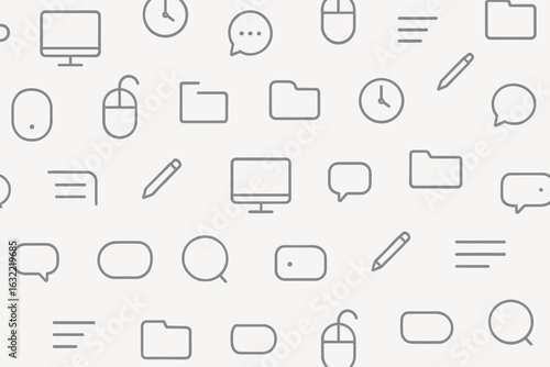 Graphic design featuring various digital and office icons on a neutral background showcasing technological themes for modern workspaces